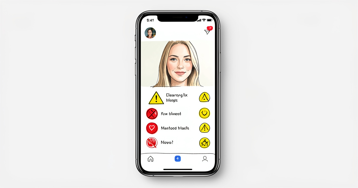 Interface d'un site de rencontre avec alertes de faux profils et bots sur smartphone
