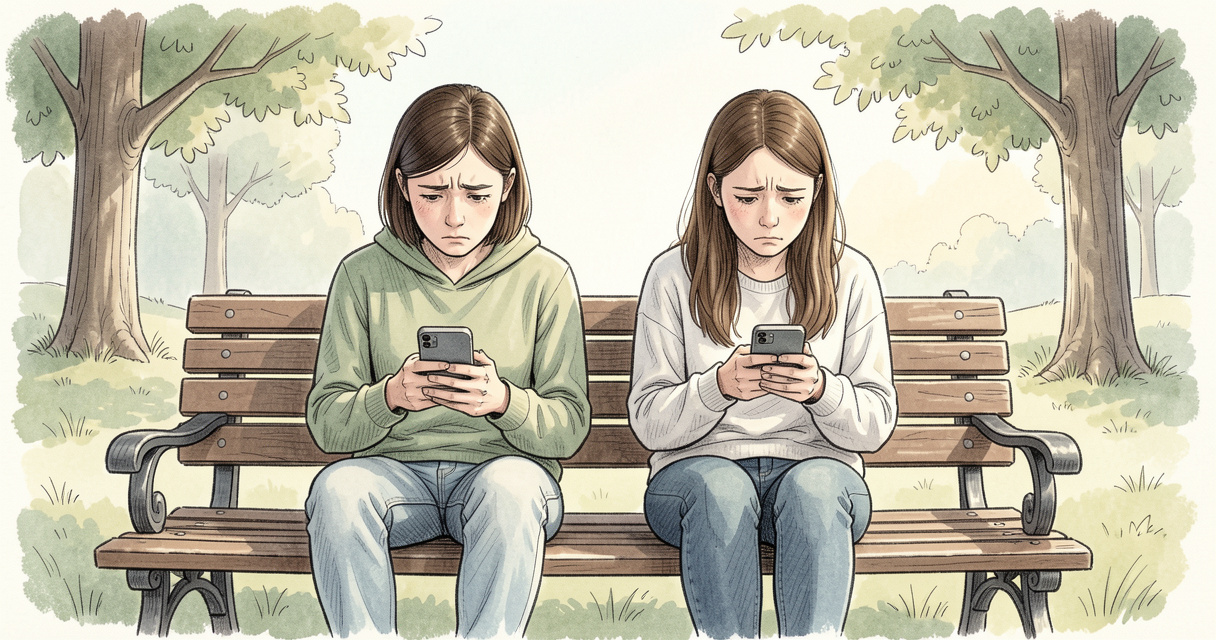 Personnes déçues utilisant une application de rencontre sur un banc public