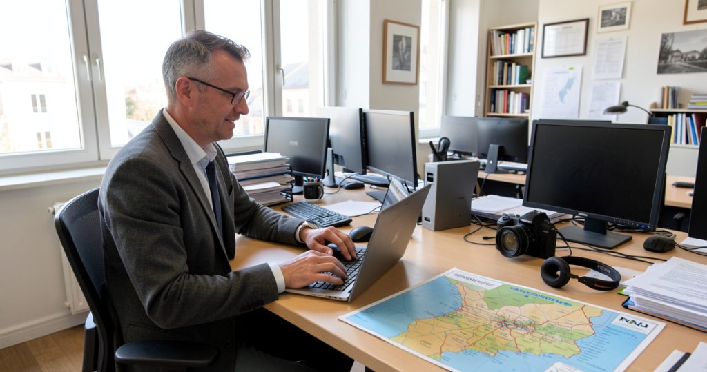 Journaliste de presse locale rédigeant un article sur ordinateur dans une rédaction régionale