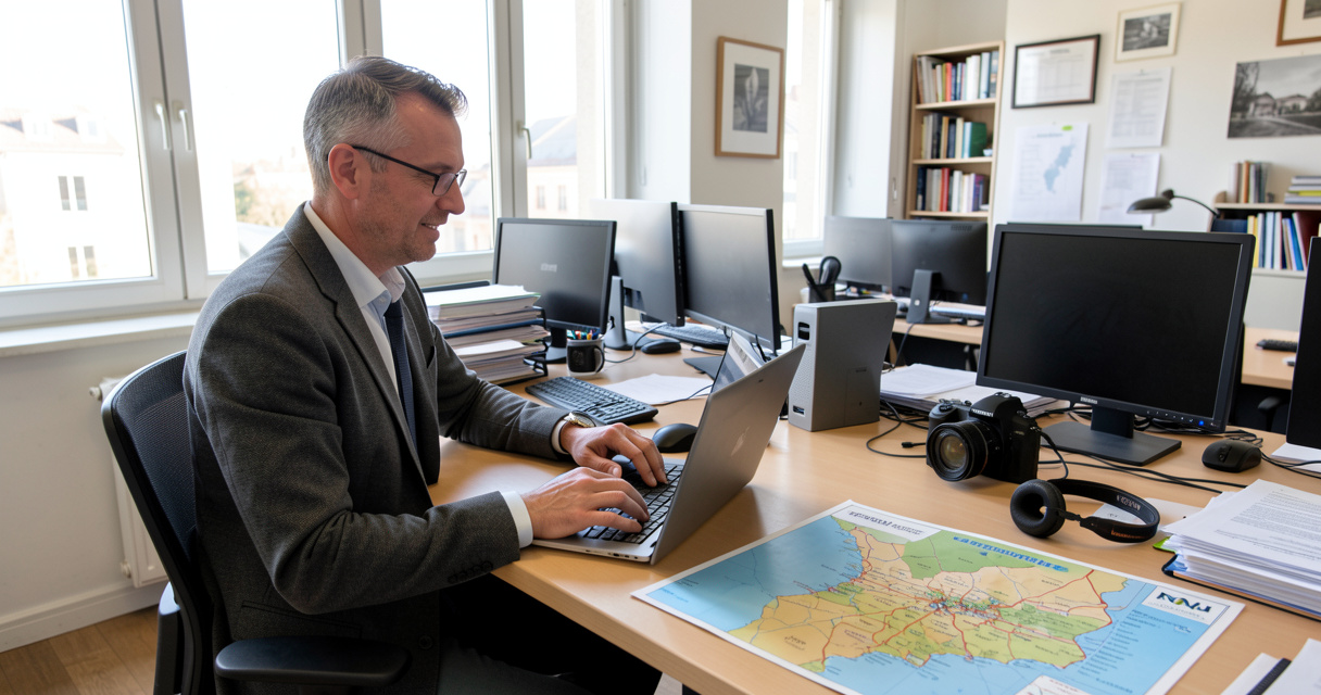Journaliste de presse locale rédigeant un article sur ordinateur dans une rédaction régionale