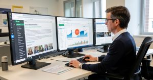 Un journaliste local analysant des données et des sources d'information fiables sur son ordinateur