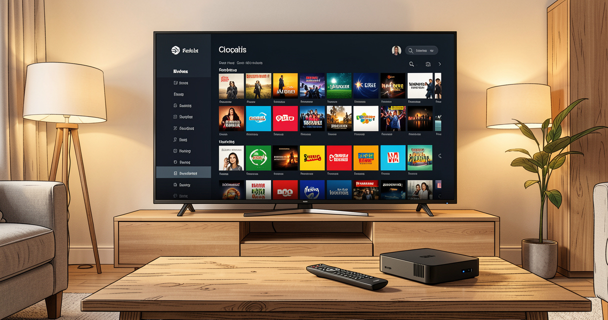 Abonnement IPTV premium sur téléviseur avec guide des programmes et télécommande