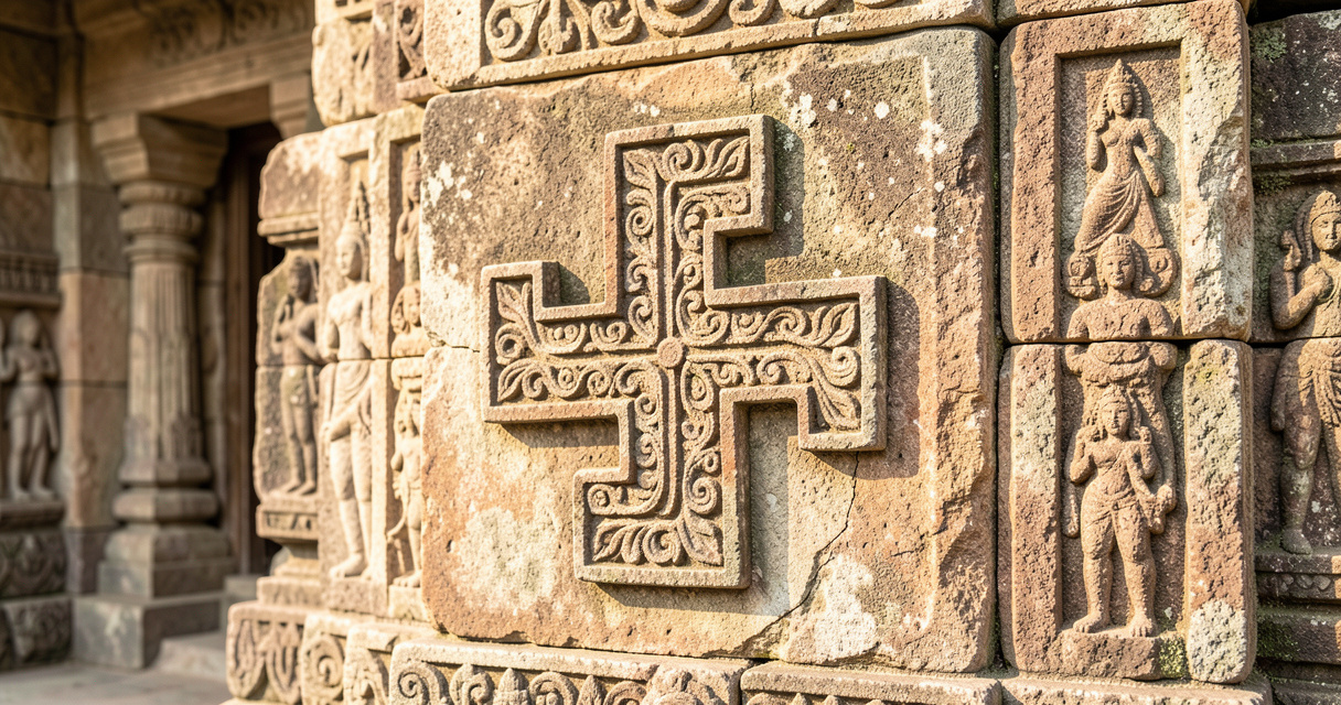 Svastika ancien sculpté sur un mur de temple hindou en pierre