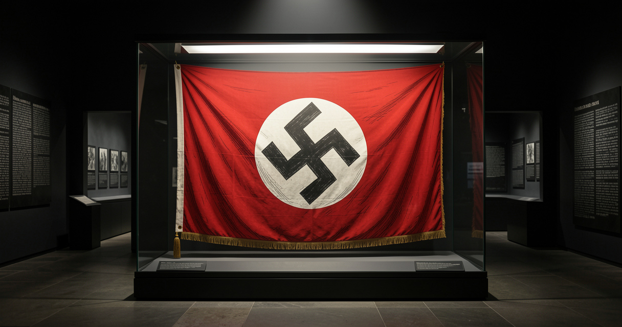 Drapeau à croix gammée exposé derrière une vitre dans un mémorial