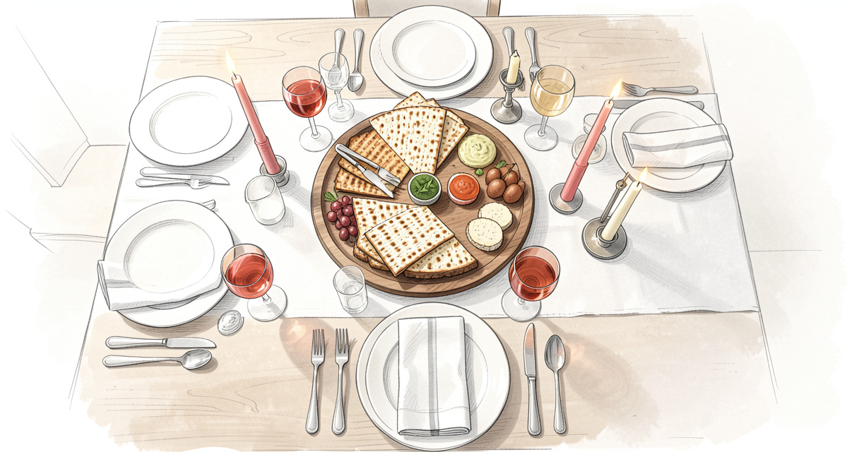 Table de Seder de Pessah 2026 avec matza, coupes de vin et bougies