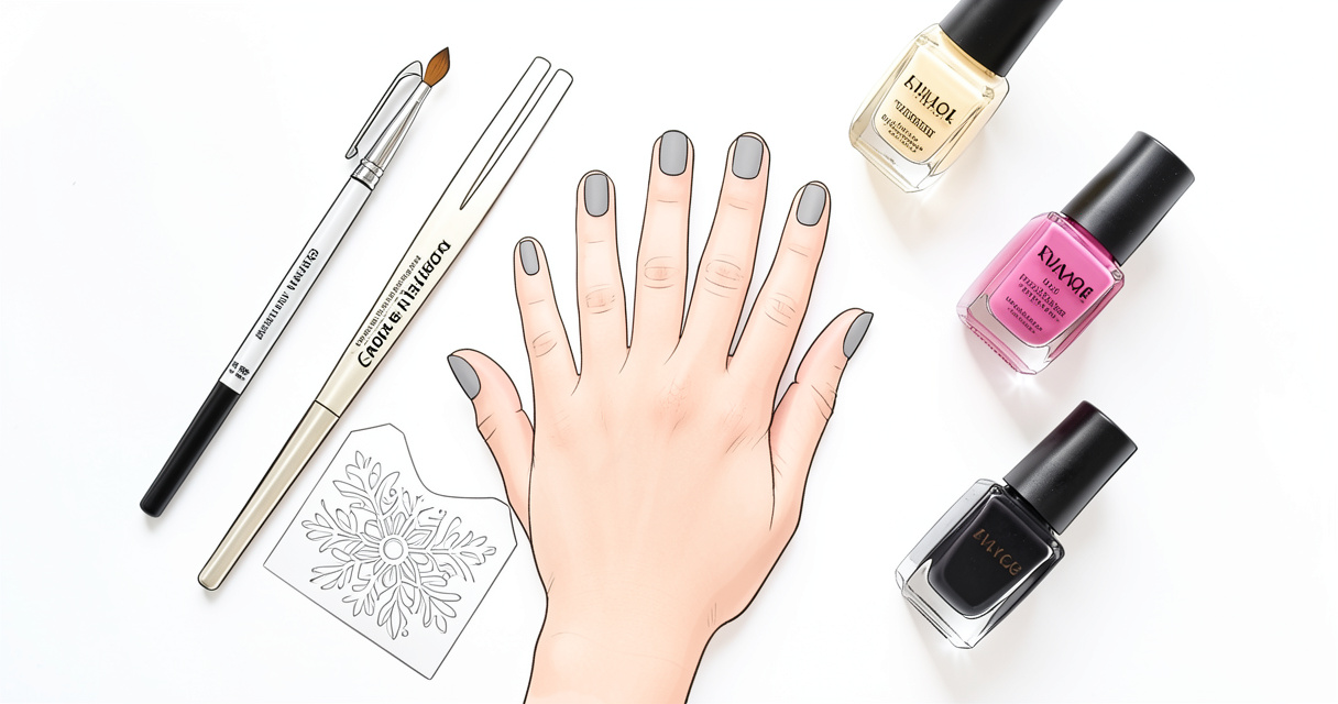Matériel de nail art posé près d'une main manucurée avec motifs