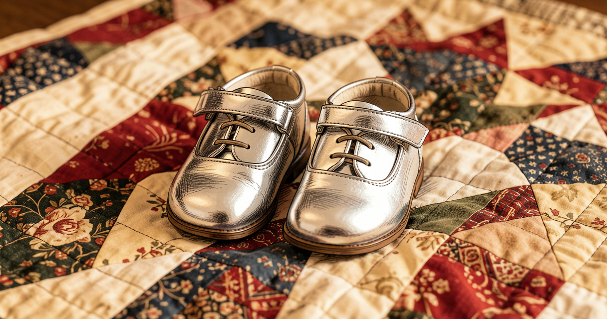 Prénoms américains : chaussons en argent posés sur un quilt vintage américain