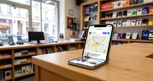 Smartphone pliant ouvert dans un commerce local de téléphonie