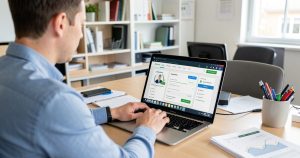 Journaliste web effectuant des vérifications et du fact-checking d'informations en ligne dans une rédaction locale