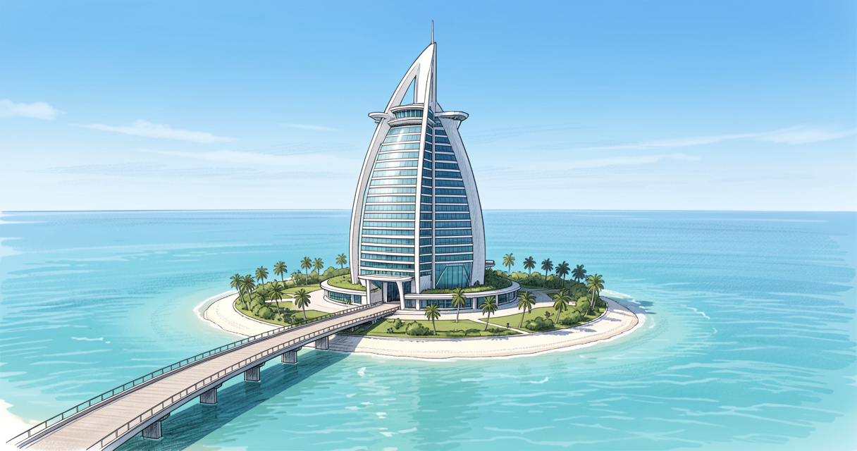 Le Burj Al Arab en forme de voile sur son île artificielle à Dubaï