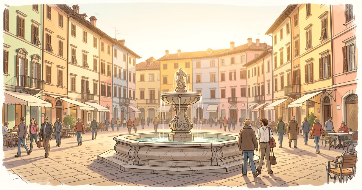 Place italienne animée un jour férié en Italie, lumière dorée